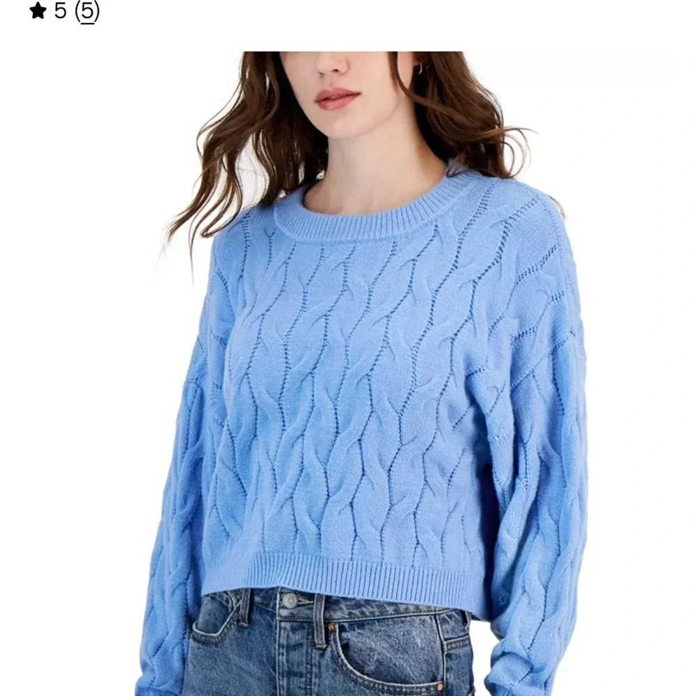 Pink Rose Pale Yellow Cable Knit Cropped Scoop Neck Sweater